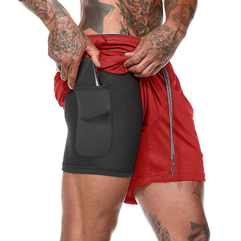 Men 2-in-1 Workout Running Shorts Sport Hip Fitness Lightweight Gym Yoga Training Sport Wear Tie Belt Waist Hot Pants Loose-Fit Performance Shorts