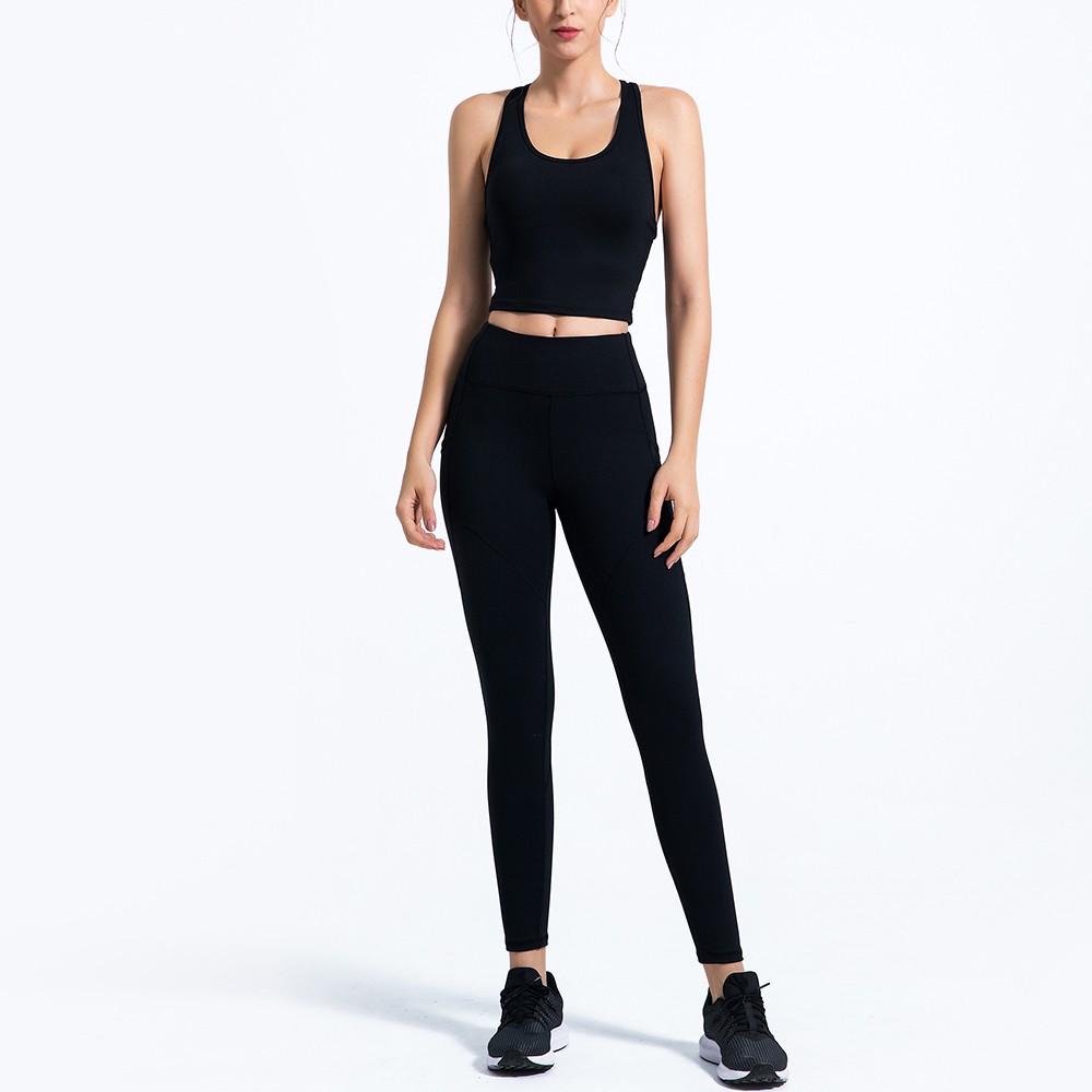 Women's 2 Pieces Outfits Sleeveless Back Cross Sports Tops High Waist Push up Seamless Yoga Leggings with Side Pockets Quick Dry Breathable Workout Fitness Gym Pullover Suits