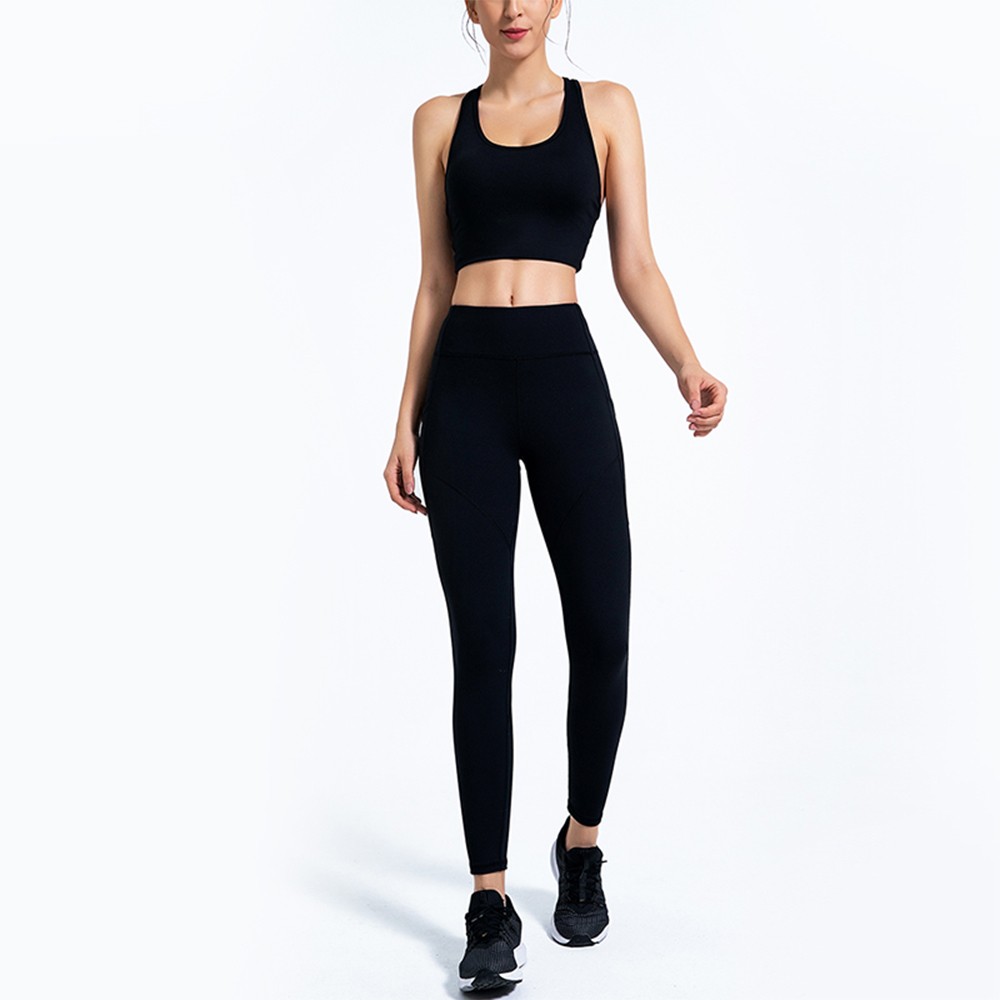 Women's 2 Pieces Outfits Sleeveless Back Cross Sports Tops High Waist Push up Seamless Yoga Leggings with Side Pockets Quick Dry Breathable Workout Fitness Gym Pullover Suits