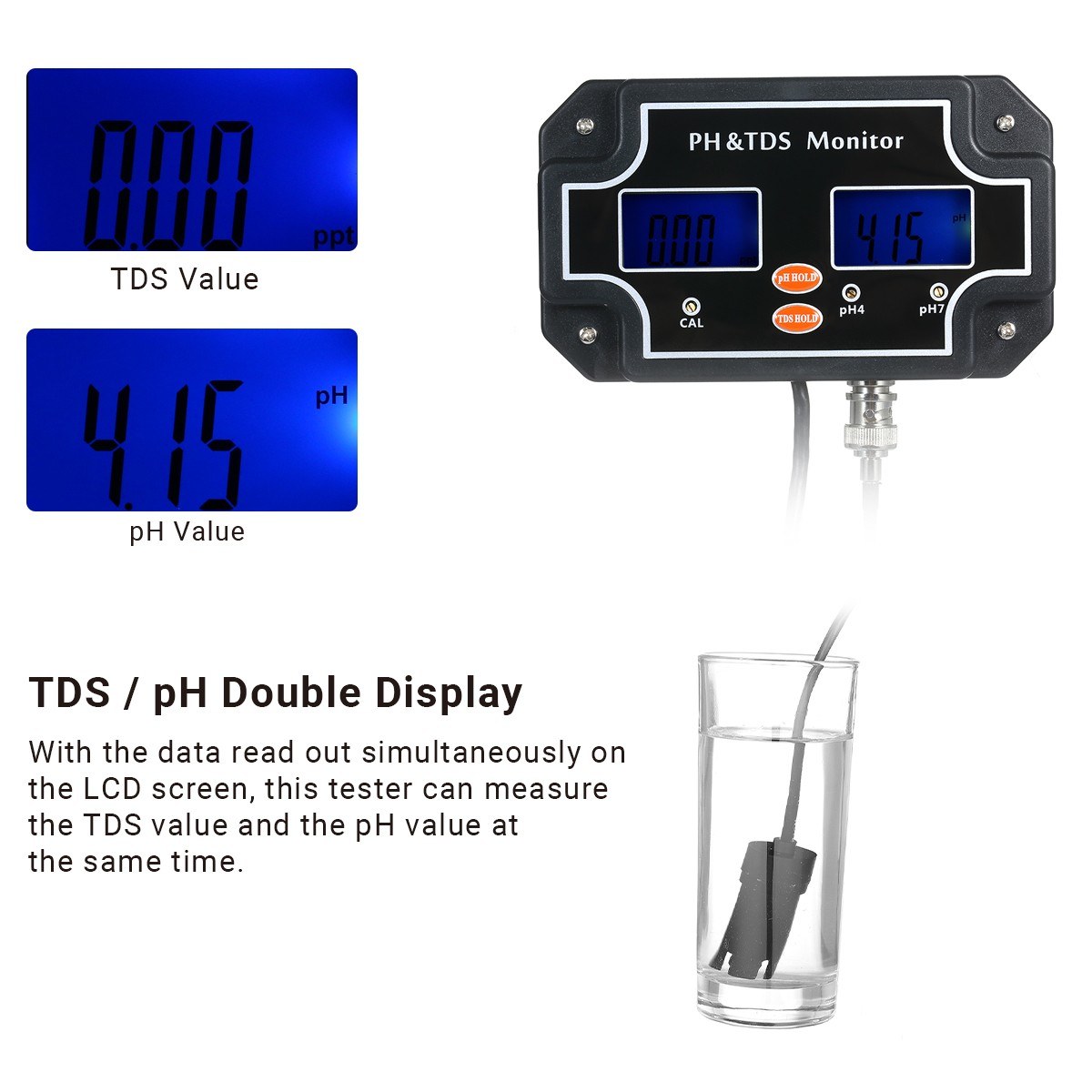 2 in 1 Water Quality Tester pH/TDS Meter Waterproof Double Display Tester Black US Plug PH/TDS-2683