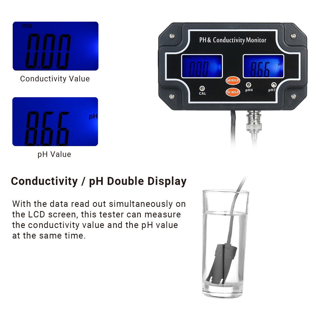 2 in 1 Water Quality Tester pH/EC Meter Waterproof Double Display Tester Black UK Plug PH/EC-2681