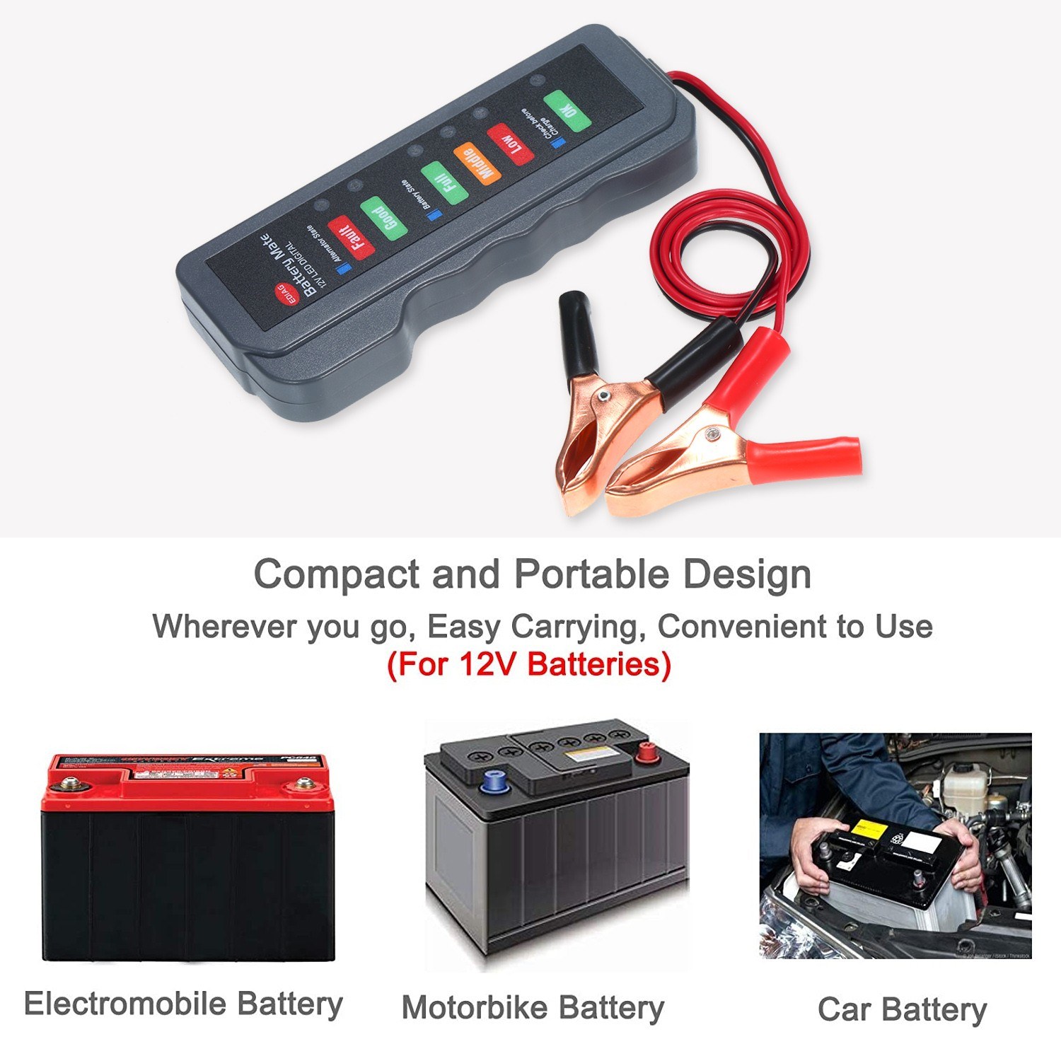 12V Car Battery Alternator Tester LED Digital Battery Condition Alternator Charging Analyzer with Copper Clip LED for Car Motorcycle